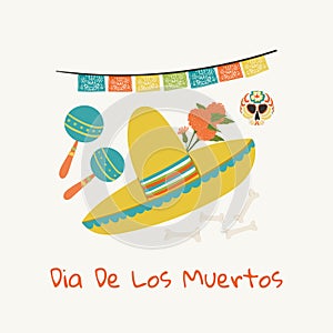 Dia De Los Muertos. Day of the Dead greeting card template hand drawn cartoon style sombrero, skull, marigold, mexican maraca