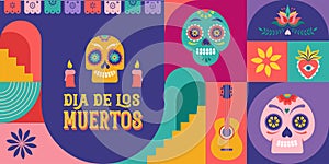 Dia de los muertos, Day of the dead, Mexican holiday, festival. Vector poster, banner and card in modern geometrical