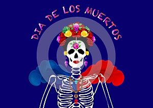 Dia de los muertos, Day of the dead Mexican holiday festival. Woman skull with make up of Catrina with flowers crown. Poster