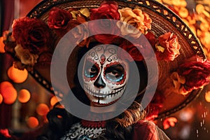 Dia de los muertos. Day of The Dead. Woman with sugar skull makeup on a floral background. Calavera Catrina. Halloween.