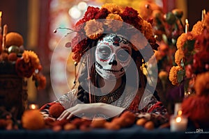 Dia de los muertos. Day of The Dead. Woman with sugar skull makeup on a floral background. Calavera Catrina. Halloween.