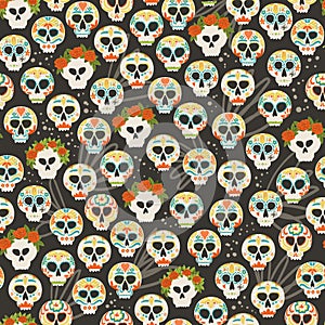 Dia De Los Muertos flower holiday skull seamless pattern hand drawn cartoon style fabric textile background. Day of the Dead