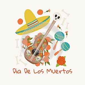 Dia De Los Muertos greeting card hand drawn cartoon style template with guitar, sombrero, mexican maraca