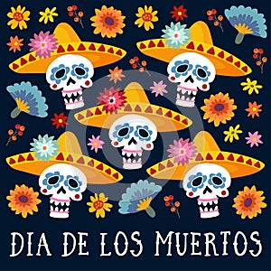 Dia de los Muertos greeting card, invitation. Mexican Day of the Dead. Decorative skulls with sombrero hat, mums