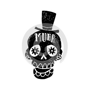 Dia de Los Muertos greeting card, invitation. Mexican Day of the Dead. Grunge black orrnamental skull with hat. Hand drawn isolate