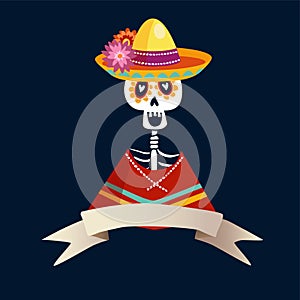 Dia de Los Muertos greeting card, invitation. Mexican Day of the Dead. Skeleton in poncho and with sombrero hat. Ornamental skull. photo