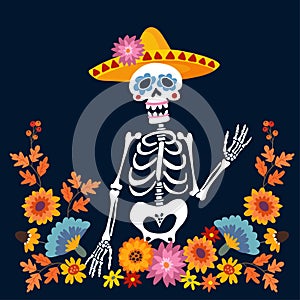 Dia de Los Muertos greeting card, invitation. Mexican Day of the Dead. Skeleton with sombrero hat and floral frame