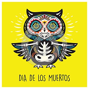 Dia De Los Muertos. Greeting card with sugar skull owls.