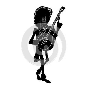 Dia de los muertos guitarist character. Black and white isolated silhouette with contour. Vector illustration
