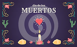 Dia de los muertos. Horizontal banner with ofrenda traditional altar with candle and pan de muertos. Floral decoration photo