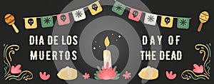 Dia de los muertos. Horizontal banner with ofrenda traditional altar with candle and pan de muertos. Paper flags papel photo