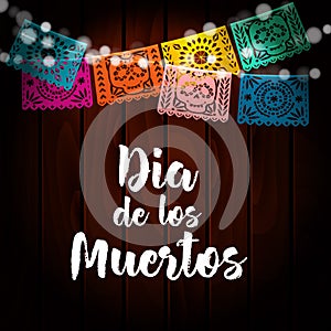 Dia de Los Muertos, Mexican Day of the Dead card, invitation. Party decoration, string of lights, handmade cut paper flags, skul