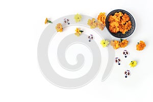 Dia de los Muertos, Mexican Day of the Dead desk composition. Orange tagetes, marigold, chrysanthemum flowers and