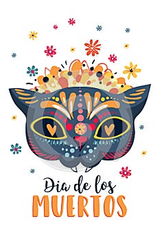 Dia de Los Muertos, Mexican Day of the Dead, set of greeting cards with lettering, flowers, cat skull