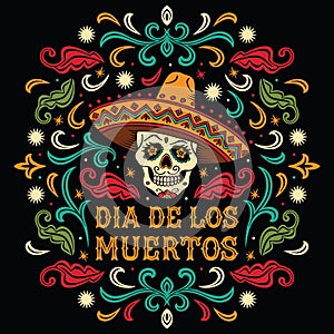 Dia de los Muertos. Mexican sugar skull with letters and ornament