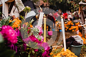 Dia de los Muertos Mexico, cempasuchil flowers for day of the dead, Mexico cemetery photo