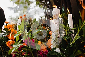 Dia de los Muertos Mexico, cempasuchil flowers for day of the dead, Mexico cemetery photo