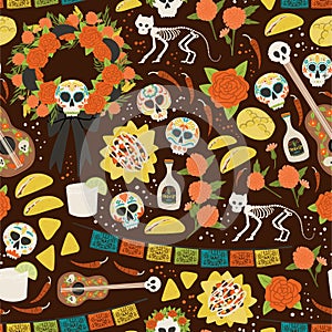 Dia De Los Muertos seamless pattern hand drawn cartoon style holiday textile background. Skull, cat skeleton, wreath, nachos,