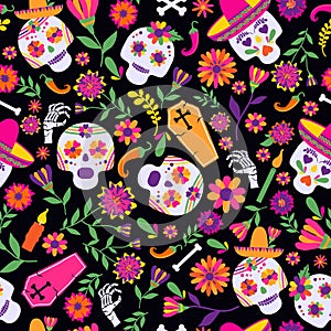 Dia de los muertos seamless vector pattern. The main symbols of the holiday on the dark background. Day of the dead.