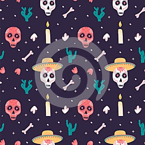 Dia de los muertos seamless vector pattern. The main symbols of mexican national holiday on the dark background. Day of