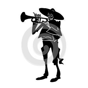 Dia de los muertos trumpeter character. Black and white isolated silhouette with contour. Vector illustration for halloween