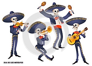 Dia de Muertos. Mariachi band musician of skeletons. Mexican tradition.