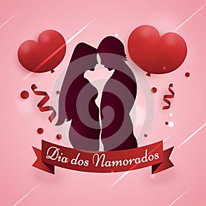 Dia dos Namorados Valentine`s Lovers` Day of Enamored 3d heart couple silhouette poster design card