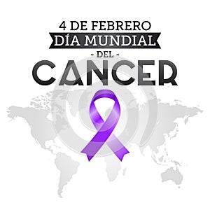 Dia mundial del Cancer, World Cancer Day 4 february spanish text. Ribbon and world map