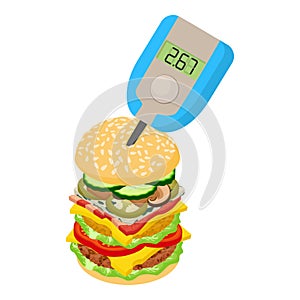 Diabete prevention icon isometric vector. Blood glucose meter and hamburger icon photo
