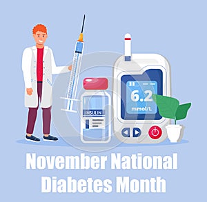 Diabetes Awareness Month on November in USA. American national health care event. Doctor dives insulin, make blood test.