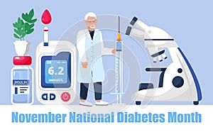Diabetes Awareness Month on November in USA. American national health care event. Doctor dives insulin, make blood test.
