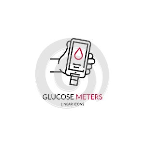 Diabetes blood glucose meter linear icons set