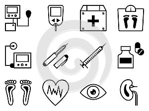 Diabetes and blood sugar measurement line icons. Diabetes disease icons set, glucose monitoring life. Collection modern photo