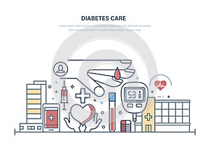 Diabetes care. Diabetes test, treatment, medical research, healthcare, prevention, lifestyle.