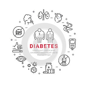 Diabetes. Circle poster with flat line icons.
