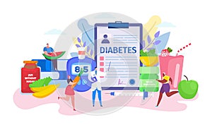 Diabetes concept vector illustration, cartoon flat doctor character advising tiny patient people in healthy lifestyle