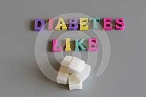 Diabetes disease concept. The inscription diabetes like sugar on a gray background