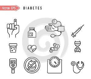 Diabetes disease, health icons set