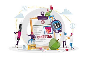 Diabetes Disease, High Sugar Level in Blood. Tiny Characters with Glucose Meter and Insulin Injection Pen, Mallitus
