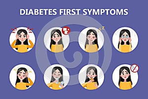 Diabetes early signs and symptoms infographic. Problems