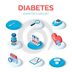 Diabetes - isometric icons set. Blood glucose meter, pills, syringe, insulin vial, calendar, search icon. Diabetes mellitus type 2
