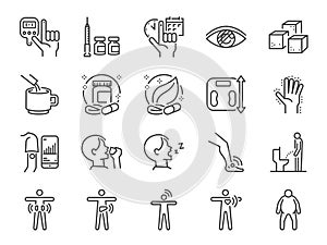 Diabetes line icon set. Included the icons as disease, sugar, fat, body, metabolic disease, insulin, medicine, health and more.