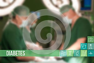 Diabetes medical concept image with icons and doctors on background