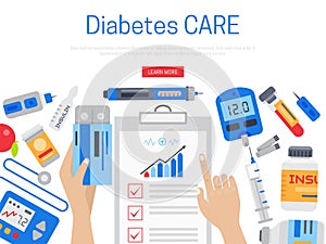 Diabetes mellitus care web banner vector illustration. Doctor cares about diabetics. Sugar and insulin levels, healthy