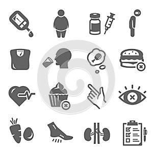 Diabetes mellitus, saccharine disease bold black silhouette icons set isolated on white. photo