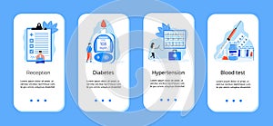 Diabetes mellitus, type 2 diabetes and insulin production concept vector. App templates with magnifier and blood glucose