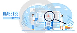 Diabetes mellitus, type 2 diabetes and insulin production concept vector. Landing page with magnifier and blood glucose