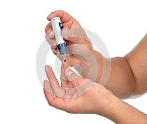 Diabetes patient finger to make glucose level blood test