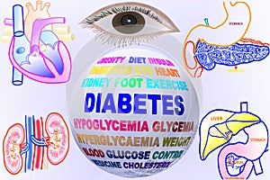 Diabetes related keywords globe with human body part