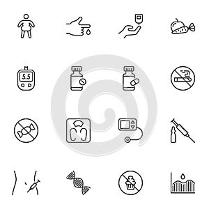 Diabetes related line icons set